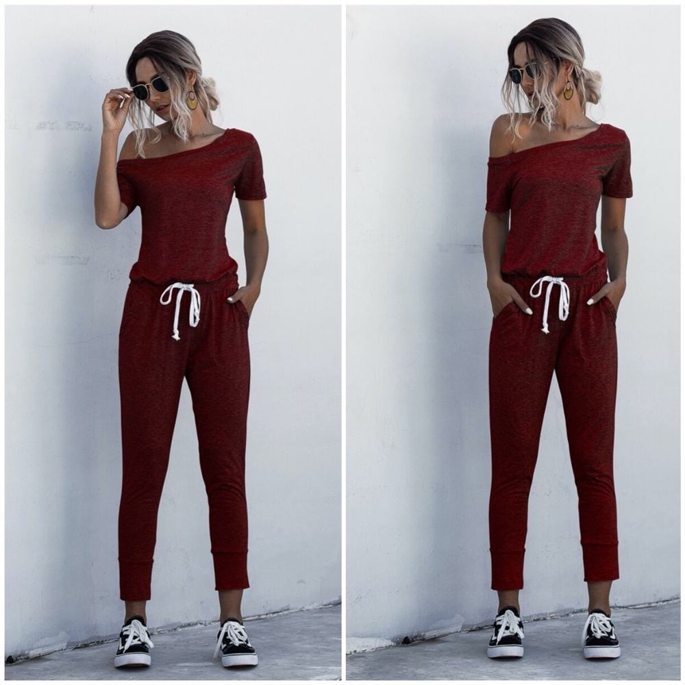 off shoulder waist tie pocket jumpsuit charcoal - Picture 4 of 9